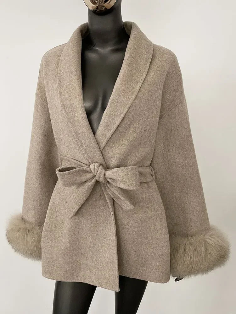 2024 New Winter Jacket for Women Natural Fox Fur Collar Thickened Warm Cashmere Wool Double-sided Coat Fashion V-neck Commuting