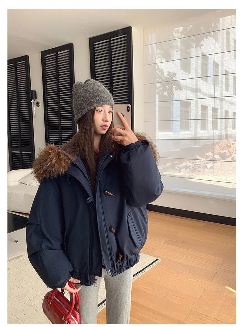 Warm Down jacket Ladies Pai Overcome Winter 2025 New Cotton Padded Coat Women Parkas Horn Hooded Outcoat Big fur collar Overcoat
