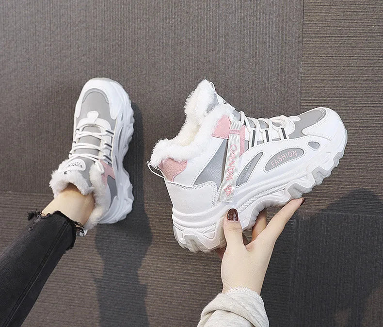 Women's White Winter Sneakers with Plush Lining and Chunky Sole - Warm High-Top Athletic Shoes for Cold Weather zapatos de mujer