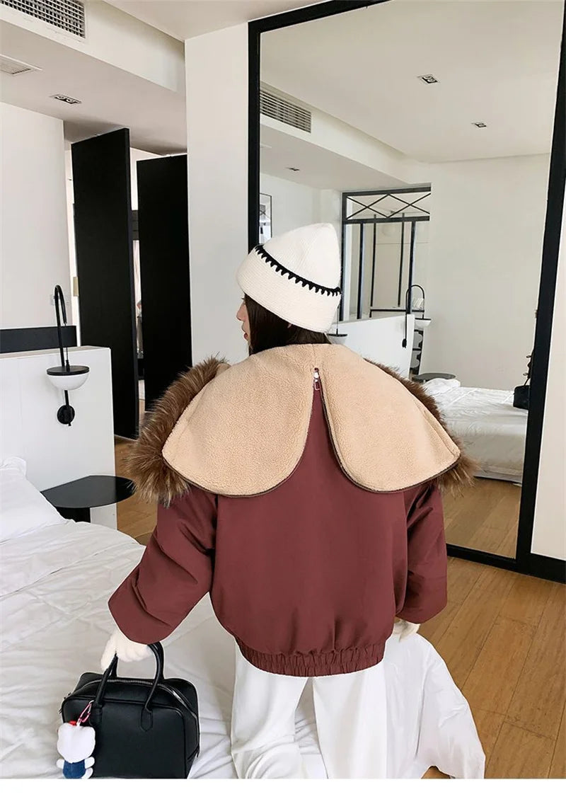 Warm Down jacket Ladies Pai Overcome Winter 2025 New Cotton Padded Coat Women Parkas Horn Hooded Outcoat Big fur collar Overcoat