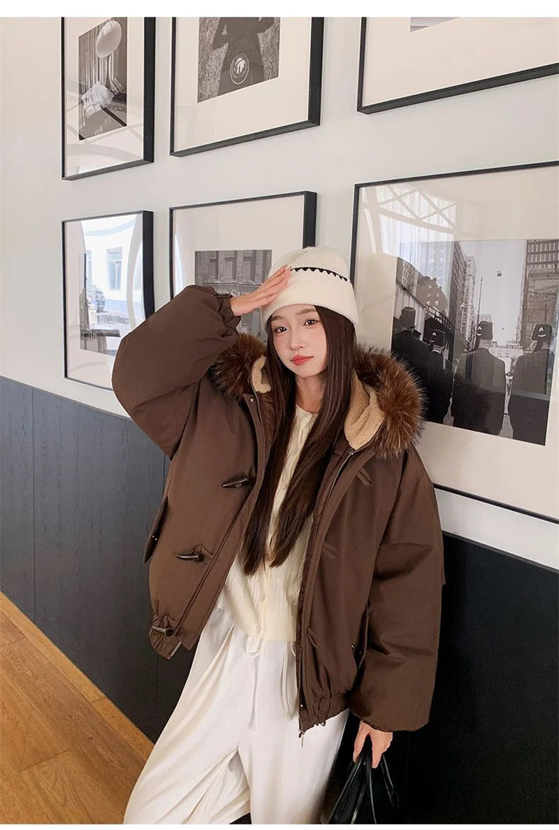 Warm Down jacket Ladies Pai Overcome Winter 2025 New Cotton Padded Coat Women Parkas Horn Hooded Outcoat Big fur collar Overcoat