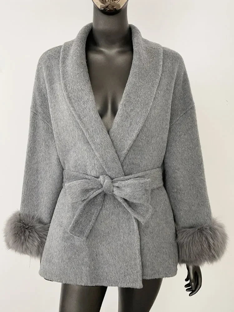 2024 New Winter Jacket for Women Natural Fox Fur Collar Thickened Warm Cashmere Wool Double-sided Coat Fashion V-neck Commuting