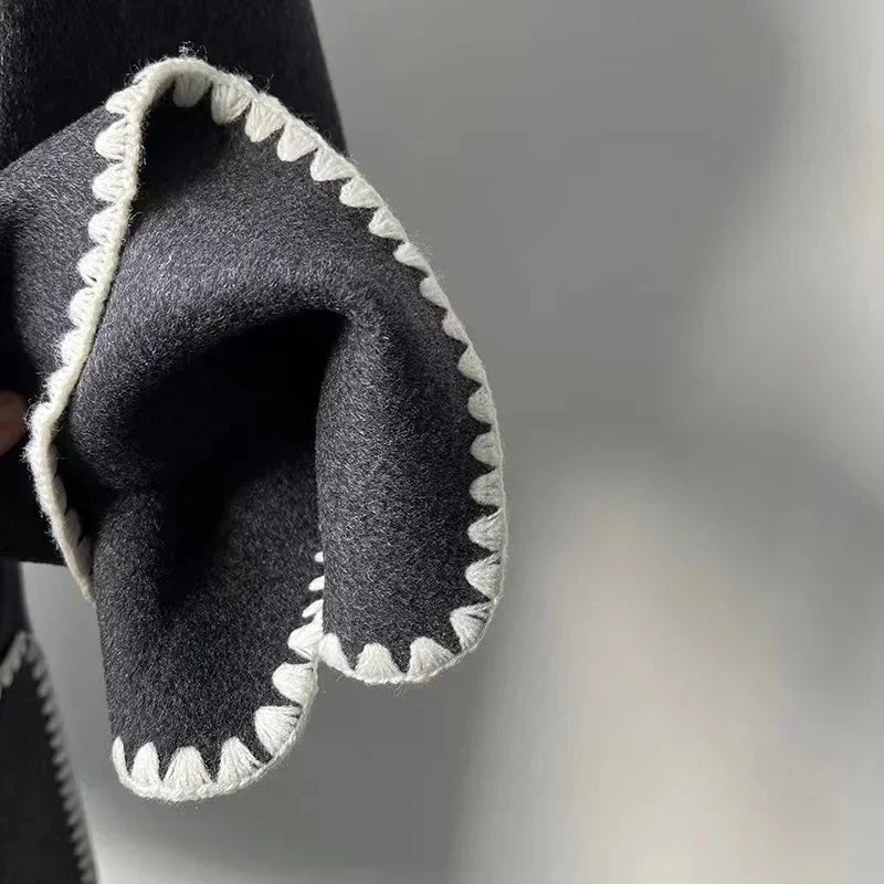 Winter Woolen Jacket New Contrast Color Embroidery Scarf Coats for Women