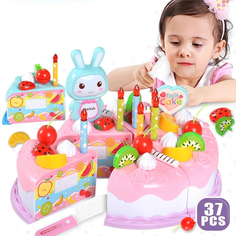 Kids Toy Simulation DIY Birthday Cake Model Kitchen Pretend Play House Cutting Fruit Food Toy for Toddler Children Gift Boy Girl