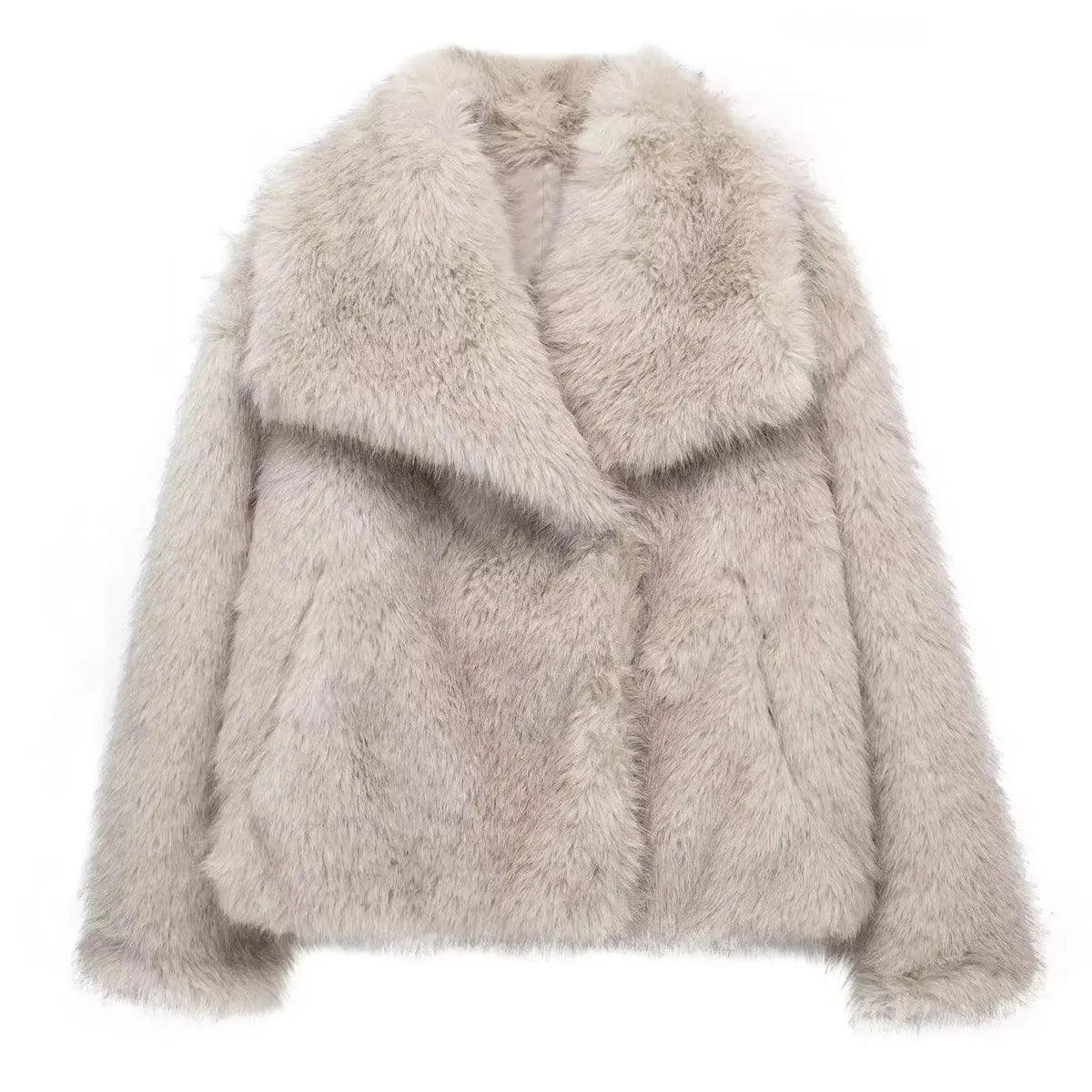 HH Winter Women Elegant Warm Plush Coat Turn-Down Collar Thick Cardigan Coat Female Pocket Long Sleeve Short Outerwear Mujer