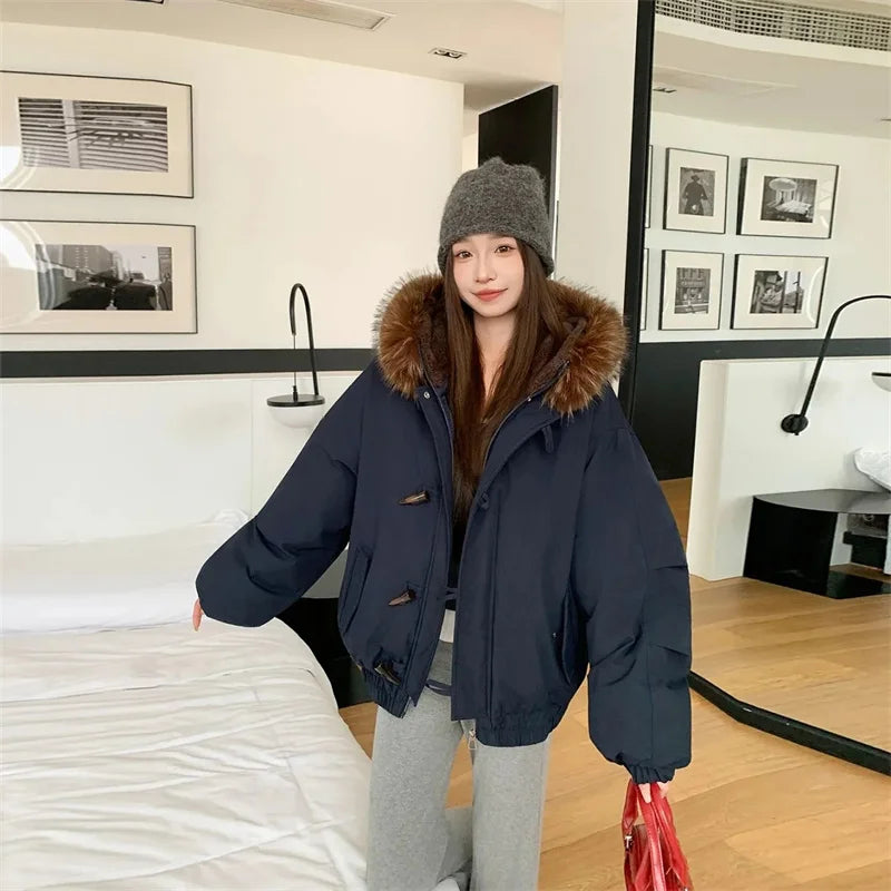 Warm Down jacket Ladies Pai Overcome Winter 2025 New Cotton Padded Coat Women Parkas Horn Hooded Outcoat Big fur collar Overcoat