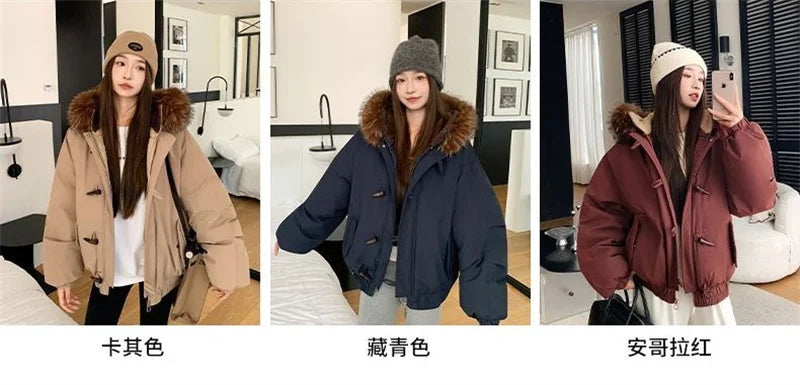 Warm Down jacket Ladies Pai Overcome Winter 2025 New Cotton Padded Coat Women Parkas Horn Hooded Outcoat Big fur collar Overcoat