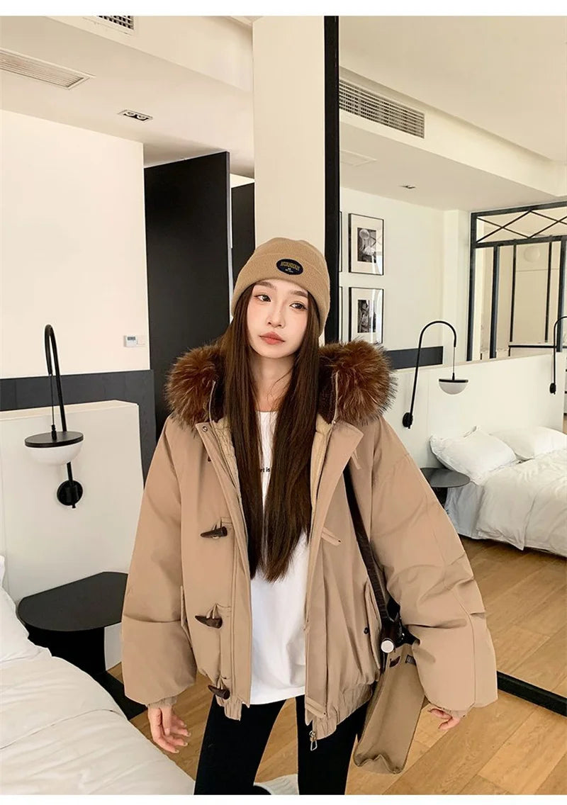Warm Down jacket Ladies Pai Overcome Winter 2025 New Cotton Padded Coat Women Parkas Horn Hooded Outcoat Big fur collar Overcoat