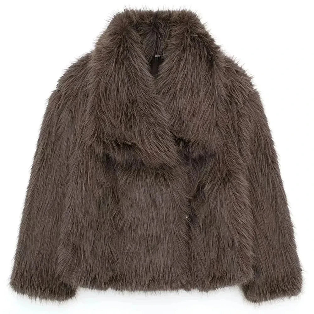 HH Winter Women Elegant Warm Plush Coat Turn-Down Collar Thick Cardigan Coat Female Pocket Long Sleeve Short Outerwear Mujer