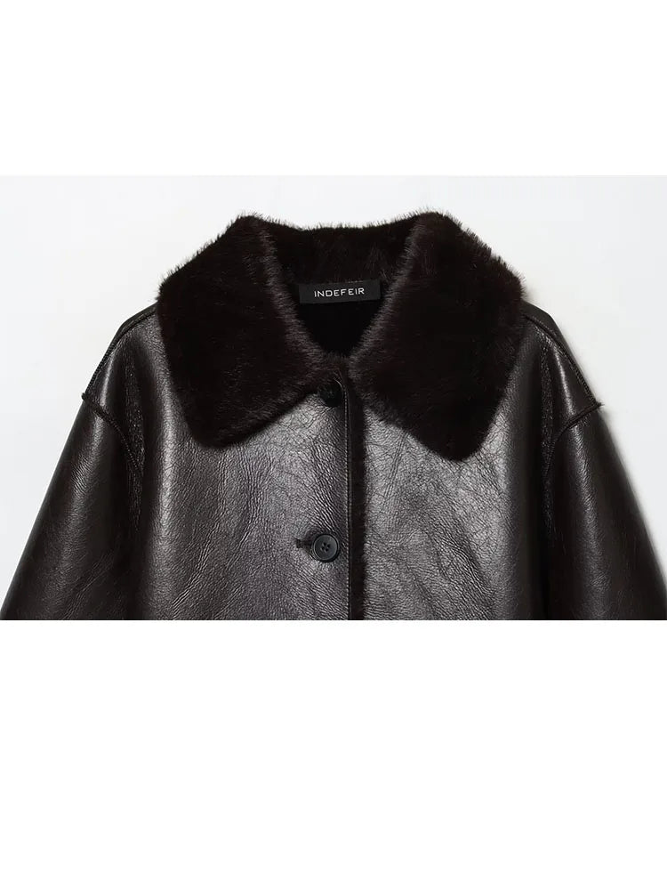 HH Winter Woman Long Sleeves Loose Slim Coat Women Warm Reversible Faux Leather Lapel Single-Breasted Pocket Decoration Jacket