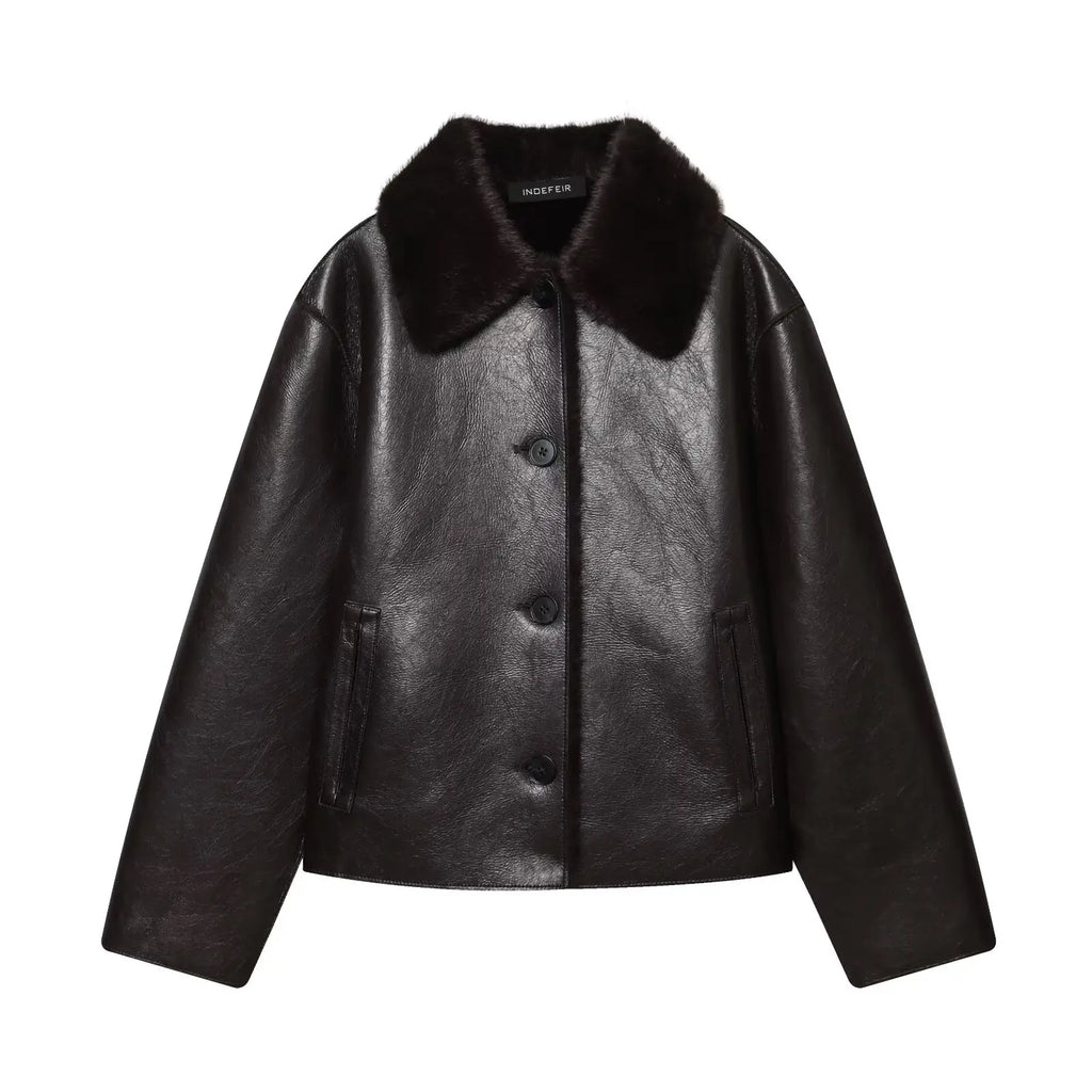 HH Winter Woman Long Sleeves Loose Slim Coat Women Warm Reversible Faux Leather Lapel Single-Breasted Pocket Decoration Jacket