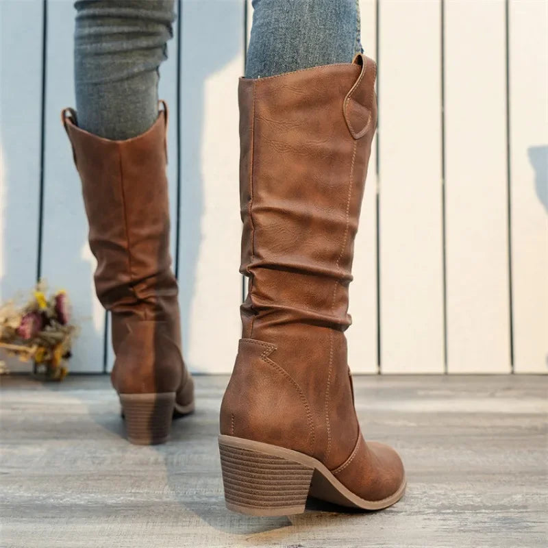 2024 New Autumn Winter Shoes for Women Slip-on Fashion Women Boots Sewing Daily Round Toe Square Heel Boots Women Botas De Mujer
