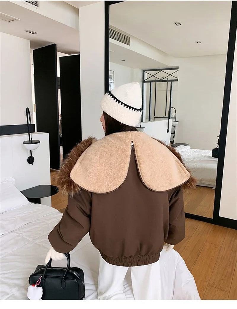 Warm Down jacket Ladies Pai Overcome Winter 2025 New Cotton Padded Coat Women Parkas Horn Hooded Outcoat Big fur collar Overcoat