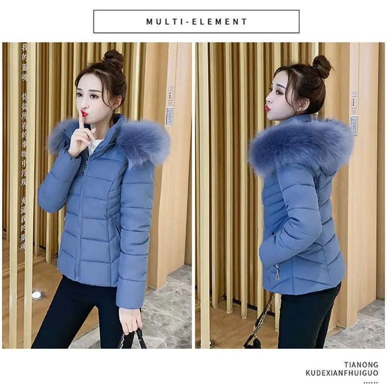 Fashion Winter Jacket Women 2025 New Korean Big Fur Collar Hooded Thick Down Parkas Female Short Coat Slim Warm Outerwear R047