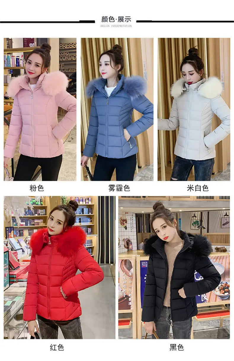 Fashion Winter Jacket Women 2025 New Korean Big Fur Collar Hooded Thick Down Parkas Female Short Coat Slim Warm Outerwear R047