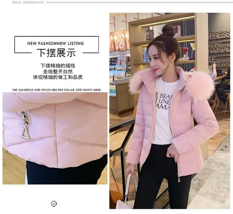 Fashion Winter Jacket Women 2025 New Korean Big Fur Collar Hooded Thick Down Parkas Female Short Coat Slim Warm Outerwear R047