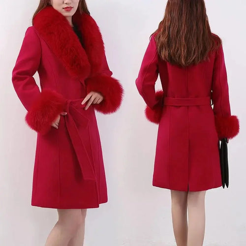 2025 Winter Jacket Women Long Natural Wool Blends Cashmere Real Fur Coat Double Breasted Belt Warm Streetwear New Fashion