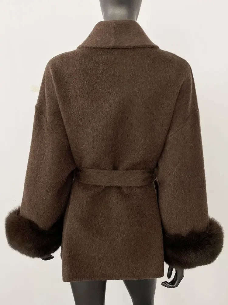 2024 New Winter Jacket for Women Natural Fox Fur Collar Thickened Warm Cashmere Wool Double-sided Coat Fashion V-neck Commuting