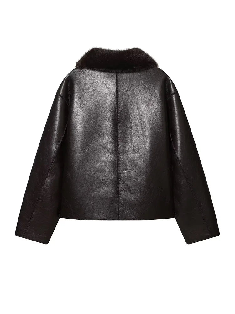 HH Winter Woman Long Sleeves Loose Slim Coat Women Warm Reversible Faux Leather Lapel Single-Breasted Pocket Decoration Jacket
