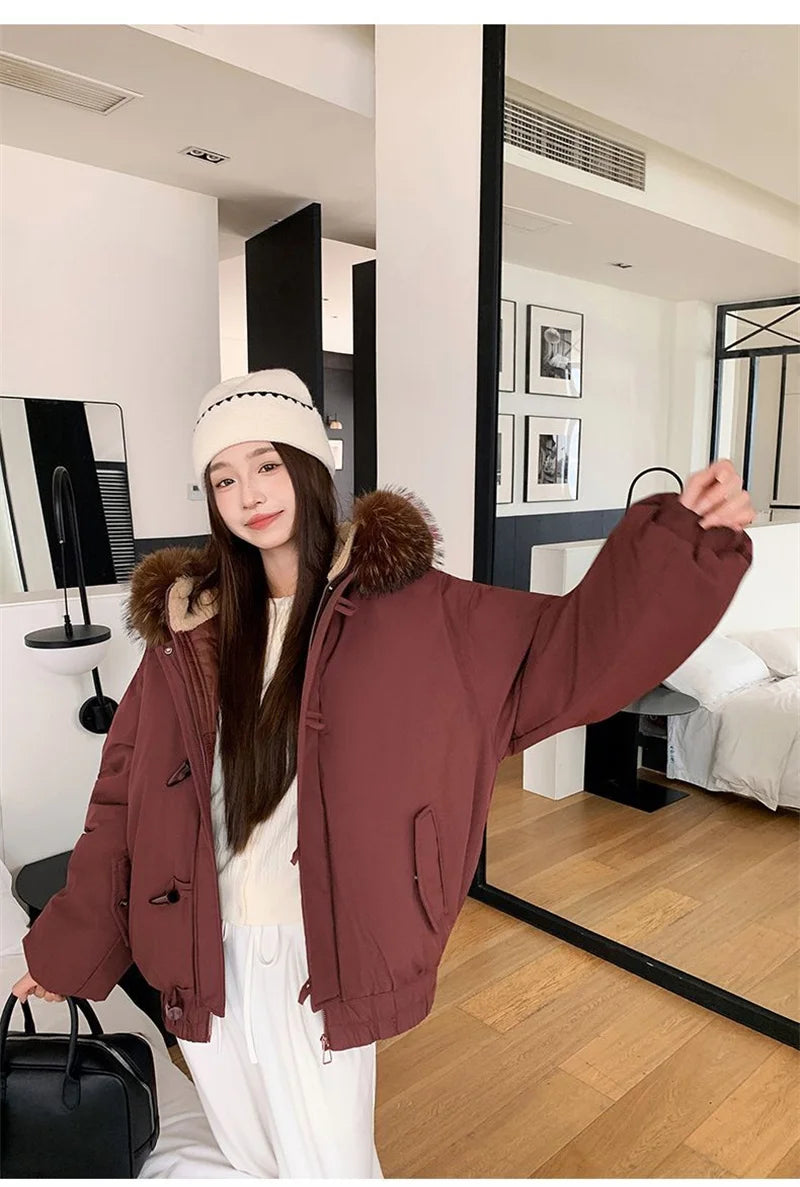 Warm Down jacket Ladies Pai Overcome Winter 2025 New Cotton Padded Coat Women Parkas Horn Hooded Outcoat Big fur collar Overcoat