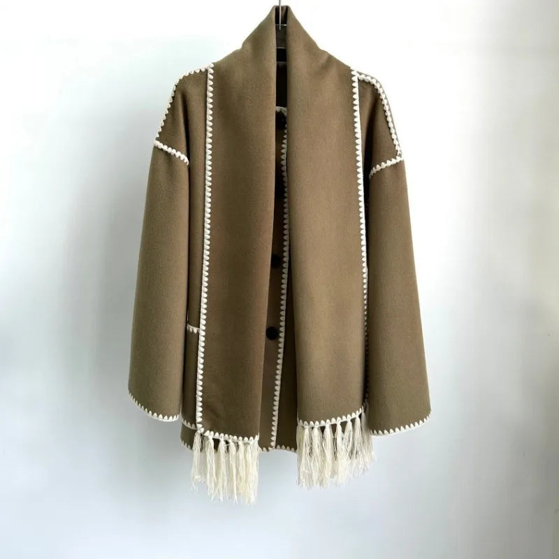 Winter Woolen Jacket New Contrast Color Embroidery Scarf Coats for Women