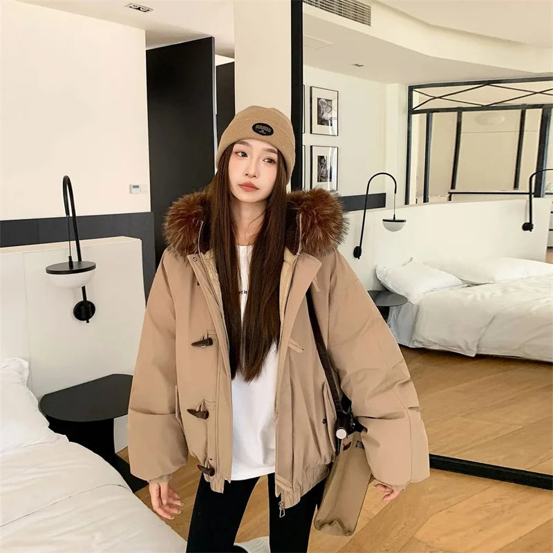 Warm Down jacket Ladies Pai Overcome Winter 2025 New Cotton Padded Coat Women Parkas Horn Hooded Outcoat Big fur collar Overcoat
