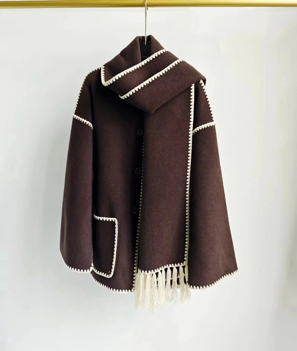 Winter Woolen Jacket New Contrast Color Embroidery Scarf Coats for Women