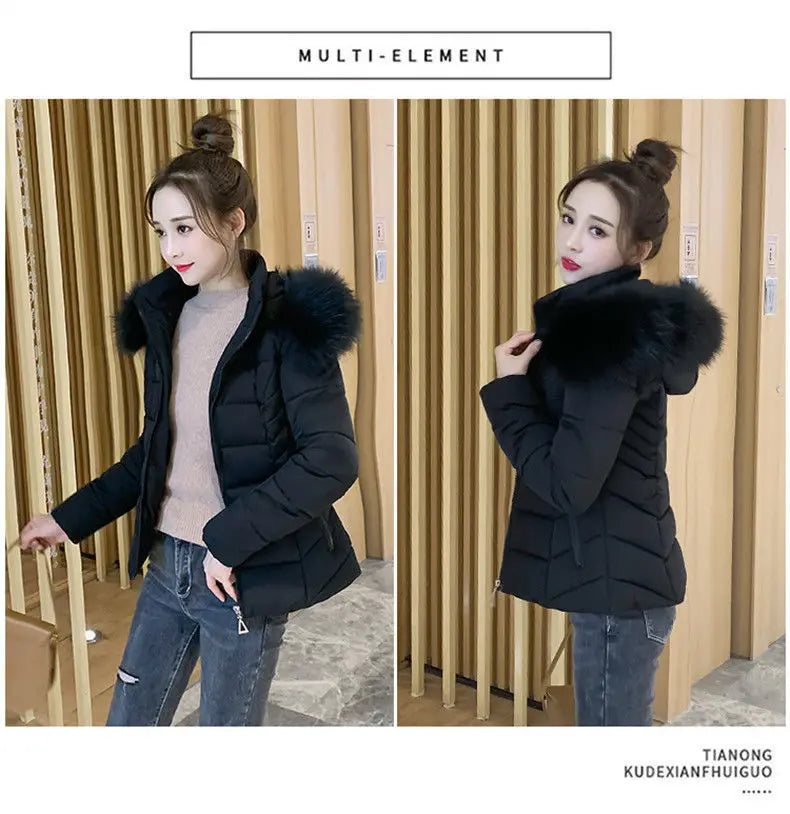 Fashion Winter Jacket Women 2025 New Korean Big Fur Collar Hooded Thick Down Parkas Female Short Coat Slim Warm Outerwear R047