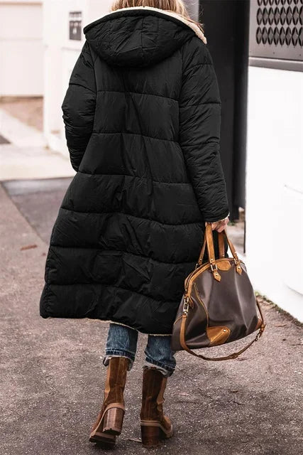 Winter Hooded Quilted Jacket For Women Solid Reversible Long Sleeve Thick Coat Warm Fashion Long Outerwear Casual Puffer Coats