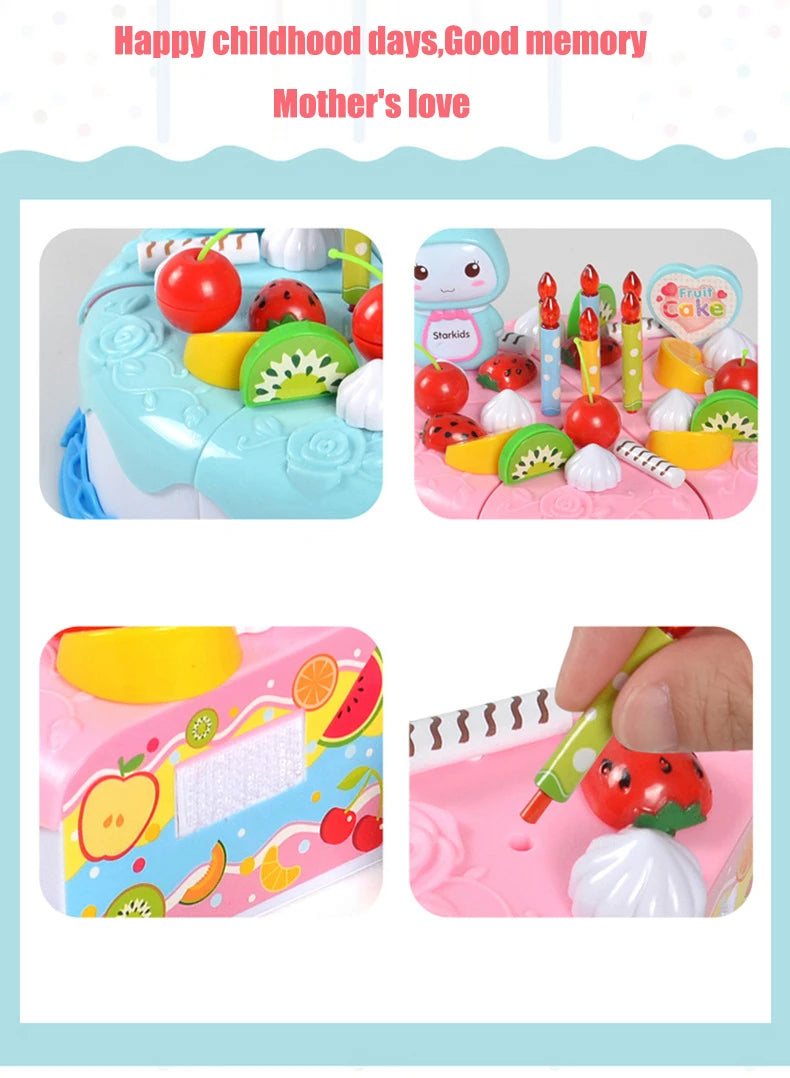 Kids Toy Simulation DIY Birthday Cake Model Kitchen Pretend Play House Cutting Fruit Food Toy for Toddler Children Gift Boy Girl