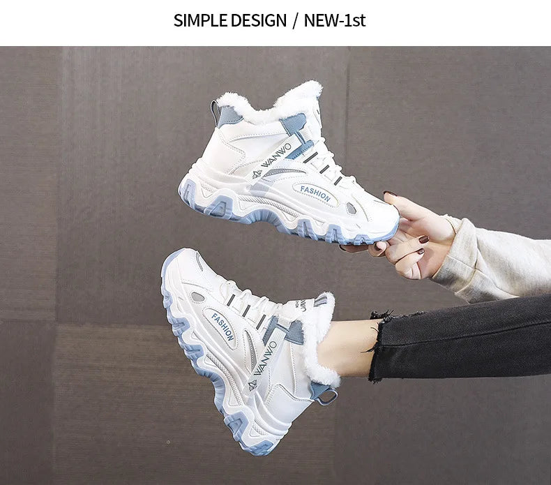 Women's White Winter Sneakers with Plush Lining and Chunky Sole - Warm High-Top Athletic Shoes for Cold Weather zapatos de mujer