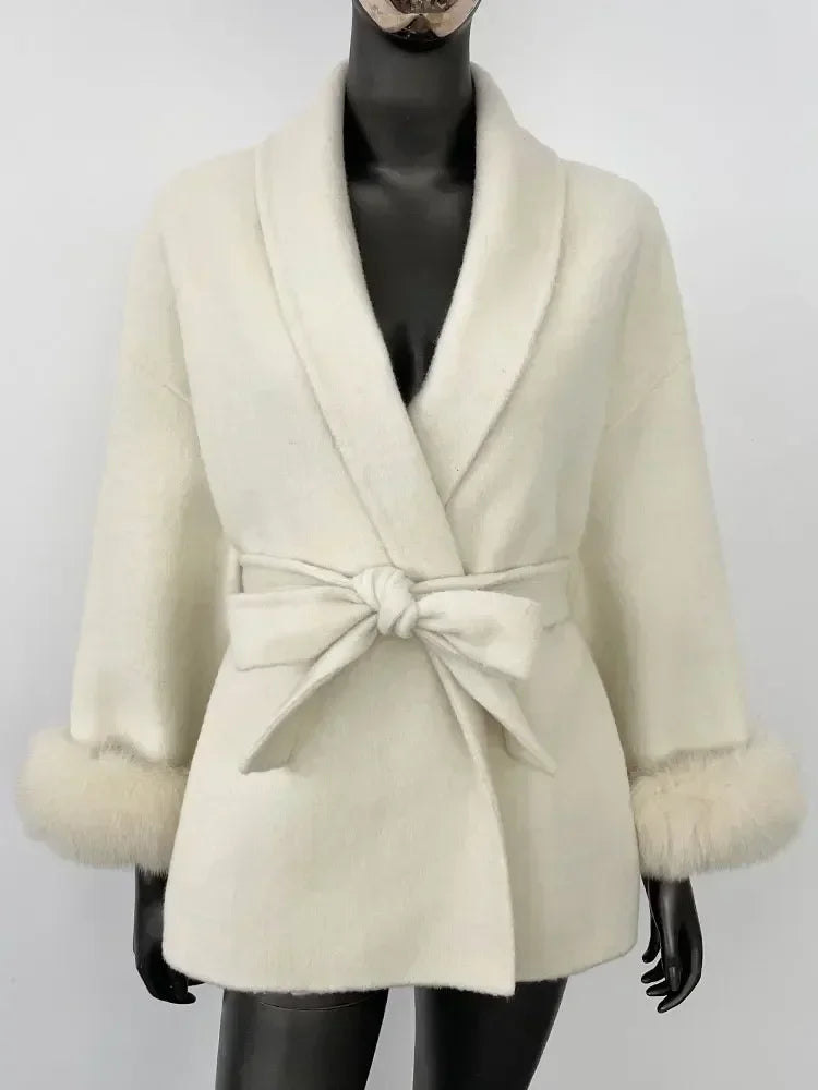 2024 New Winter Jacket for Women Natural Fox Fur Collar Thickened Warm Cashmere Wool Double-sided Coat Fashion V-neck Commuting