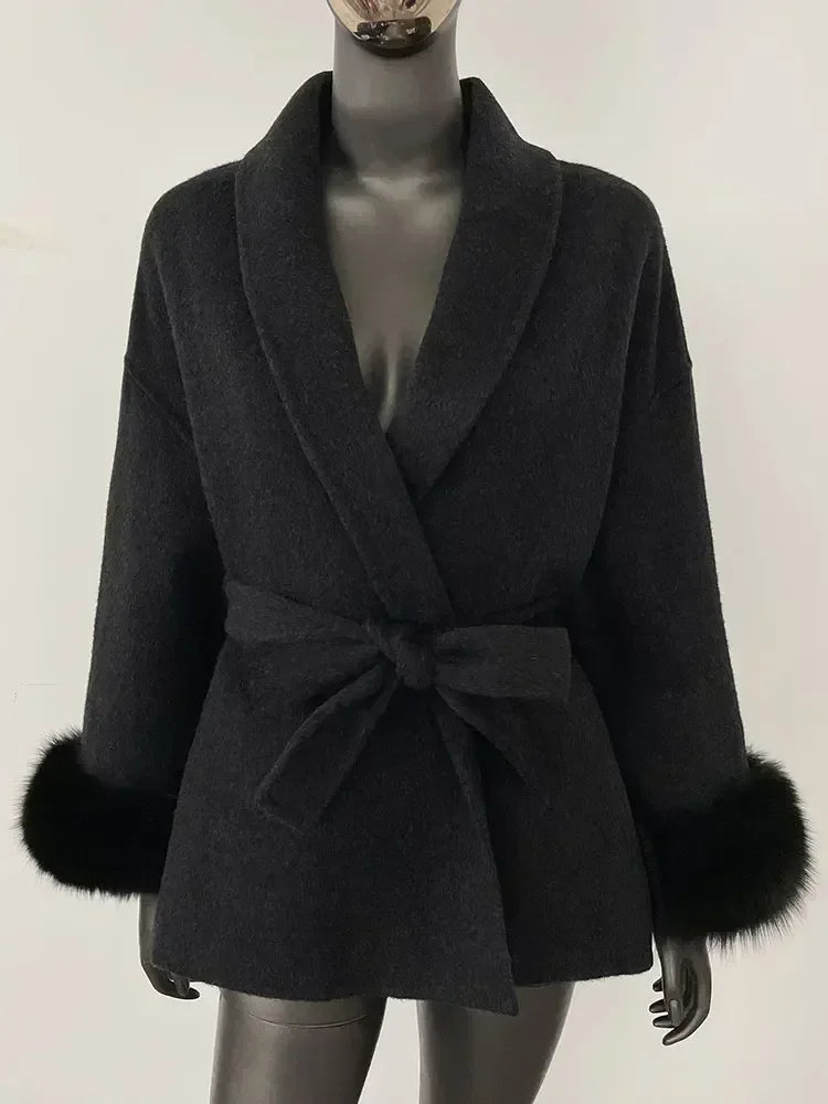 2024 New Winter Jacket for Women Natural Fox Fur Collar Thickened Warm Cashmere Wool Double-sided Coat Fashion V-neck Commuting