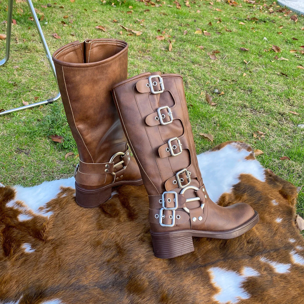 Winter Women Fashion Boots Outdoor Comfort walking shoes Embroidery Brown Leather Boots Deep High Tube female Casual shoe Botas