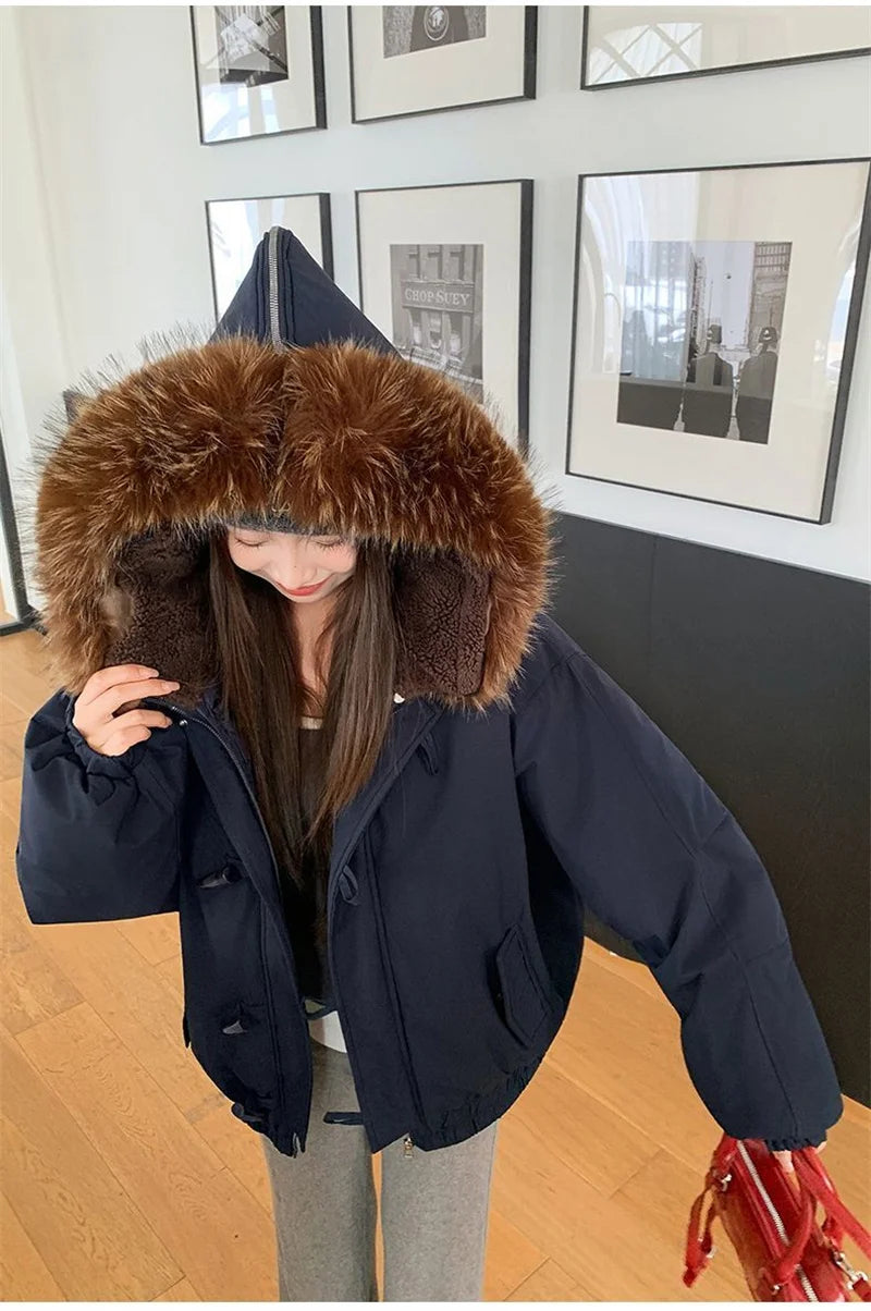 Warm Down jacket Ladies Pai Overcome Winter 2025 New Cotton Padded Coat Women Parkas Horn Hooded Outcoat Big fur collar Overcoat