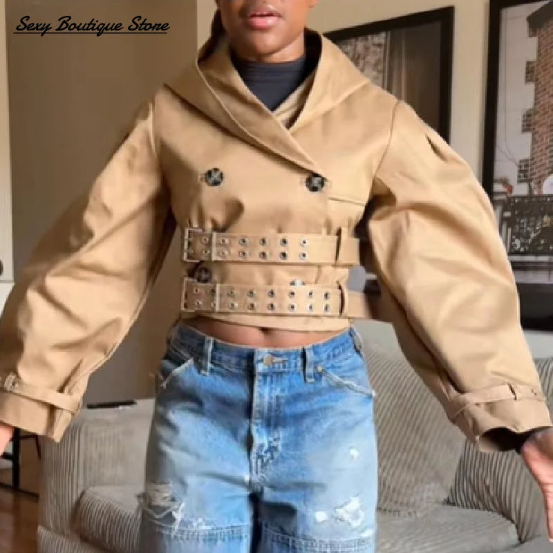 Chic Punk Trench Coat For Women Full Sleeve Loose Hooded Crop Coat Lapel Bat Sleeve Long Coats 2025 New Lady Y2k Fall Outwears