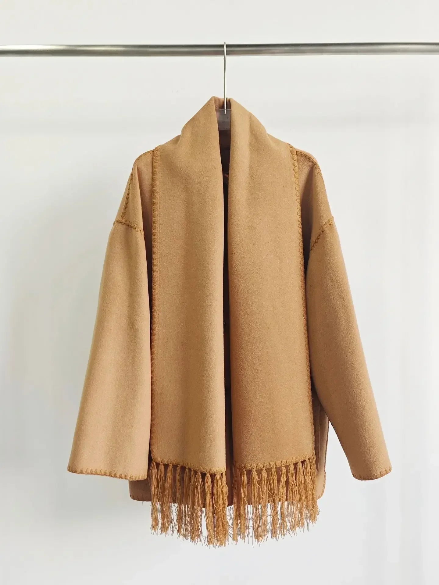 Winter Woolen Jacket New Contrast Color Embroidery Scarf Coats for Women