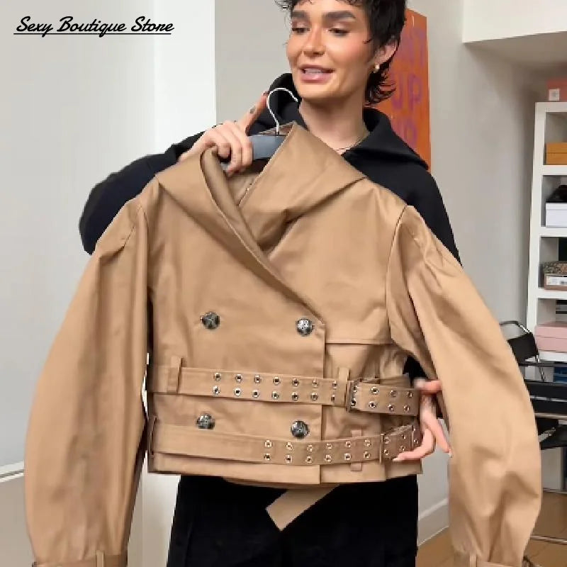 Chic Punk Trench Coat For Women Full Sleeve Loose Hooded Crop Coat Lapel Bat Sleeve Long Coats 2025 New Lady Y2k Fall Outwears