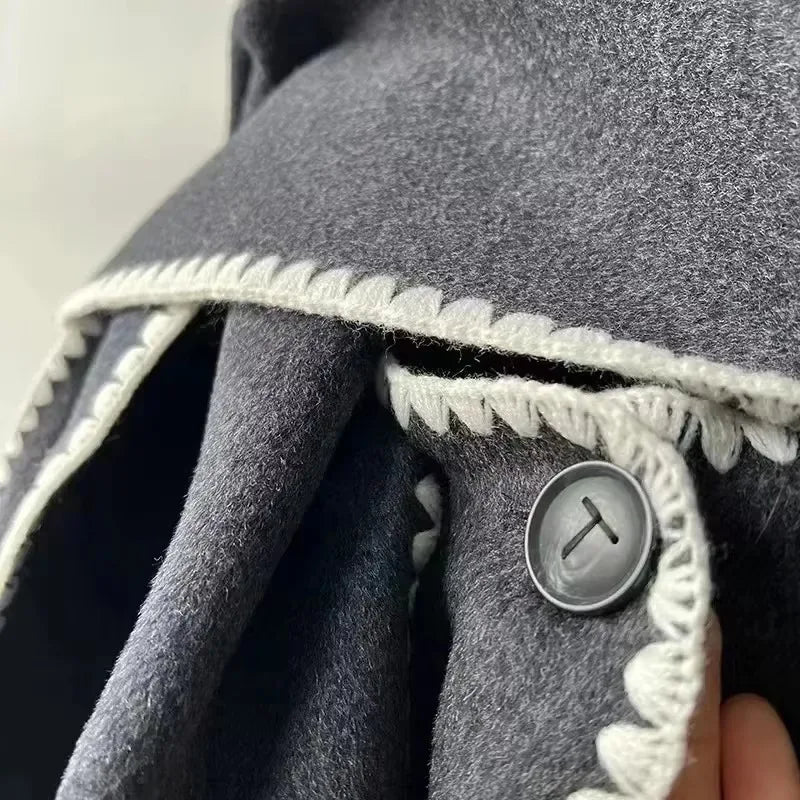 Winter Woolen Jacket New Contrast Color Embroidery Scarf Coats for Women
