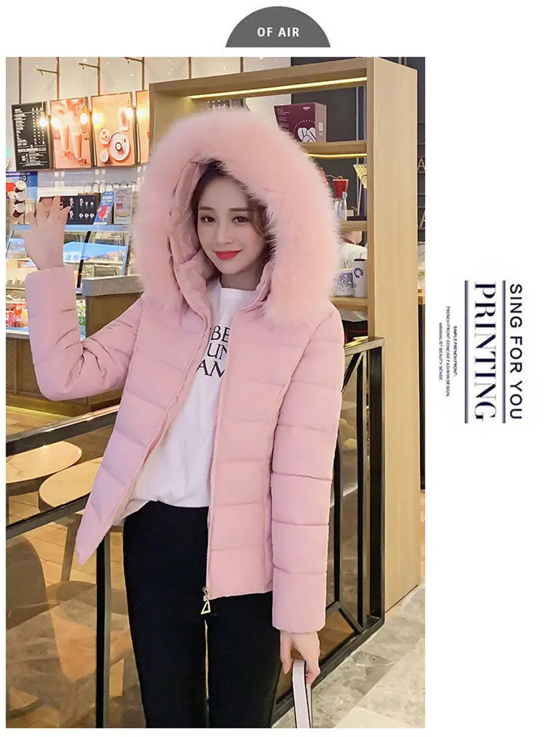 Fashion Winter Jacket Women 2025 New Korean Big Fur Collar Hooded Thick Down Parkas Female Short Coat Slim Warm Outerwear R047