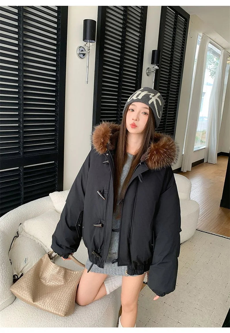 Warm Down jacket Ladies Pai Overcome Winter 2025 New Cotton Padded Coat Women Parkas Horn Hooded Outcoat Big fur collar Overcoat