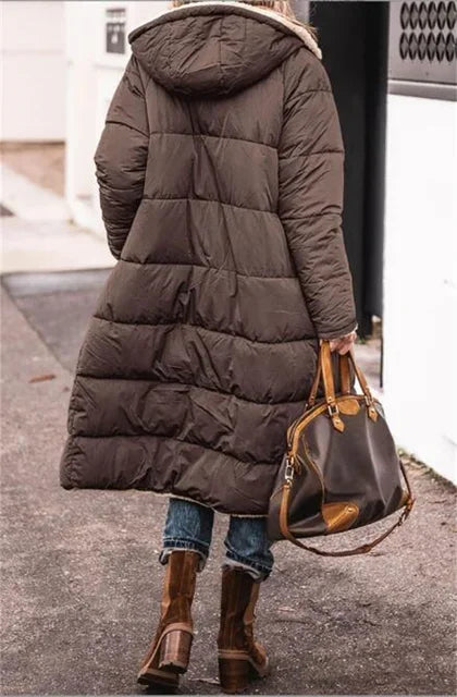 Winter Hooded Quilted Jacket For Women Solid Reversible Long Sleeve Thick Coat Warm Fashion Long Outerwear Casual Puffer Coats