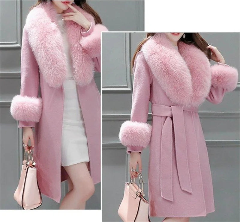 2025 Winter Jacket Women Long Natural Wool Blends Cashmere Real Fur Coat Double Breasted Belt Warm Streetwear New Fashion
