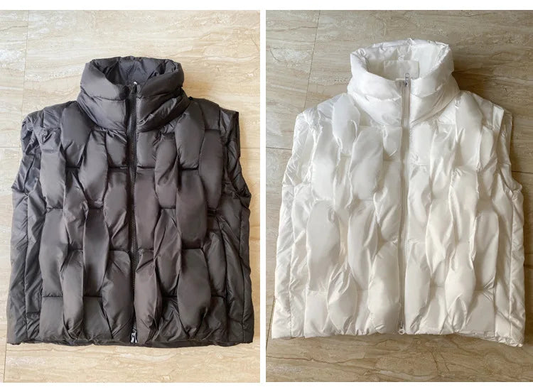 Winter Vest for Women Three-dimensional Plaid Woven Fashion Sleeveless Coat Solid High Street Warm Thick 2024 Waistcoat Jacket