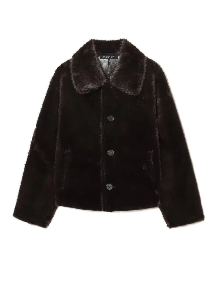 HH Winter Woman Long Sleeves Loose Slim Coat Women Warm Reversible Faux Leather Lapel Single-Breasted Pocket Decoration Jacket