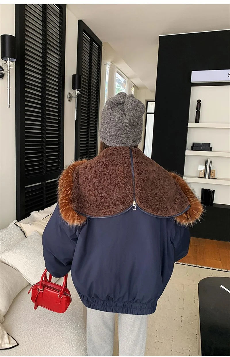 Warm Down jacket Ladies Pai Overcome Winter 2025 New Cotton Padded Coat Women Parkas Horn Hooded Outcoat Big fur collar Overcoat