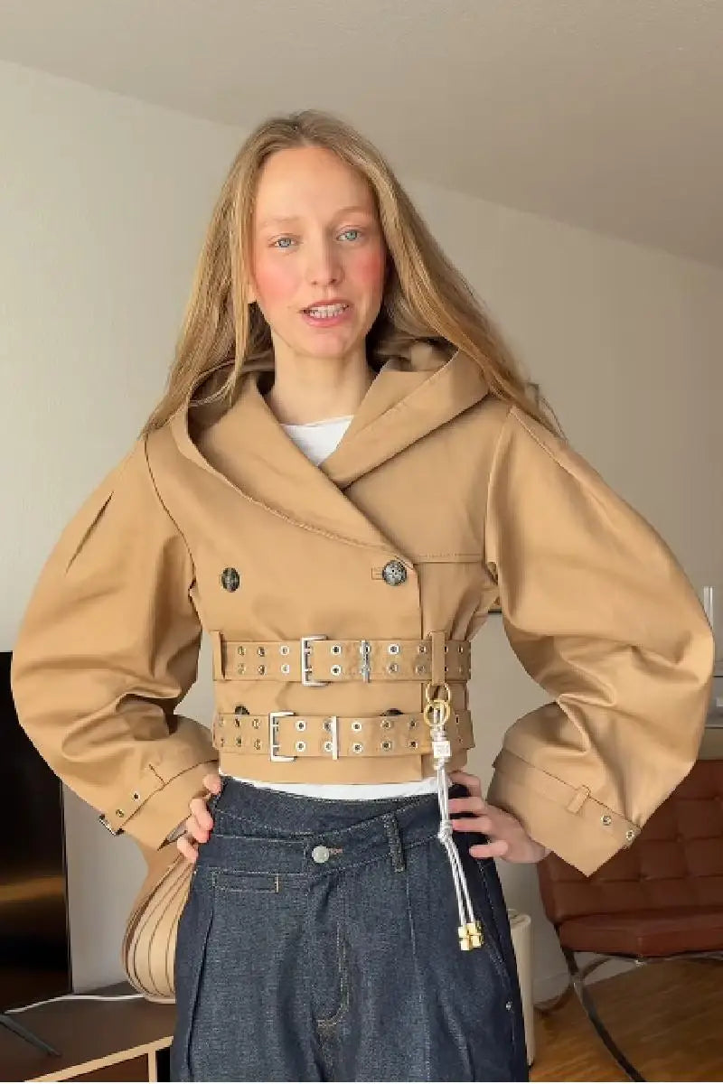 Chic Punk Trench Coat For Women Full Sleeve Loose Hooded Crop Coat Lapel Bat Sleeve Long Coats 2025 New Lady Y2k Fall Outwears