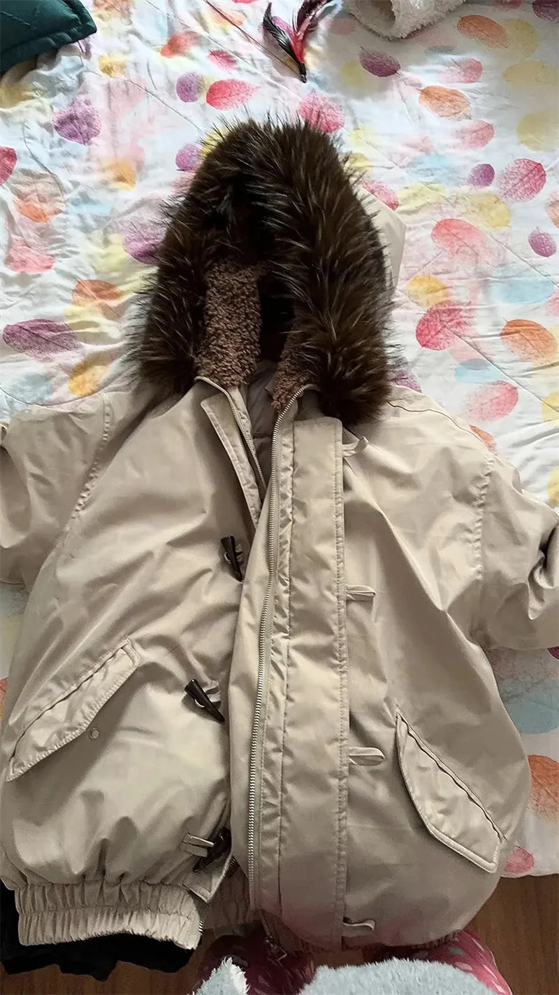 Warm Down jacket Ladies Pai Overcome Winter 2025 New Cotton Padded Coat Women Parkas Horn Hooded Outcoat Big fur collar Overcoat