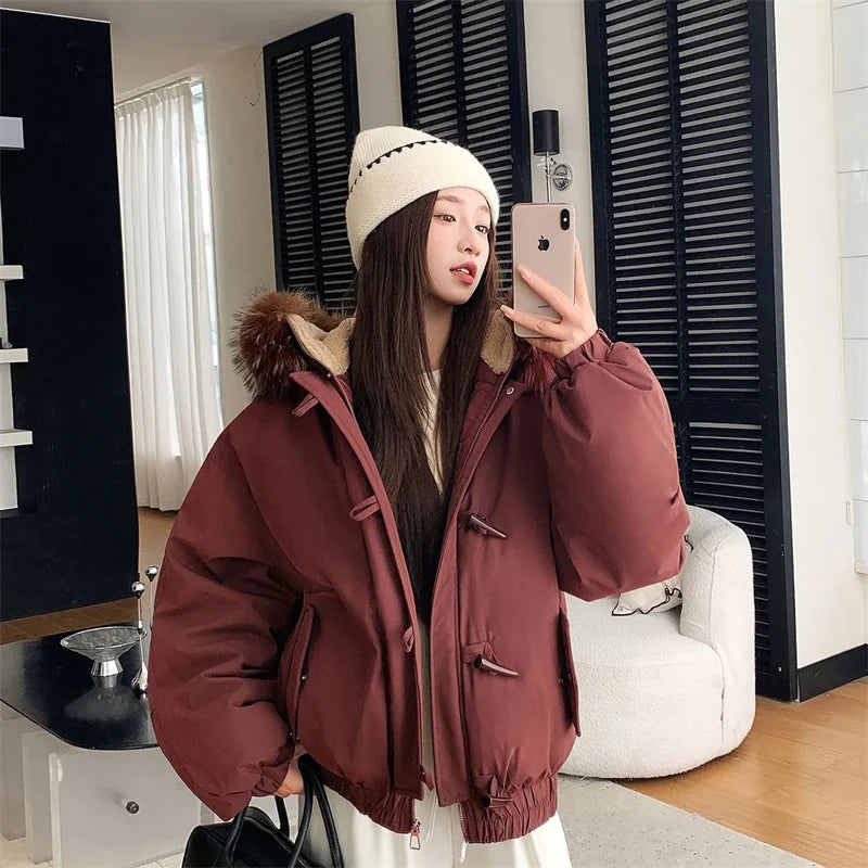 Warm Down jacket Ladies Pai Overcome Winter 2025 New Cotton Padded Coat Women Parkas Horn Hooded Outcoat Big fur collar Overcoat