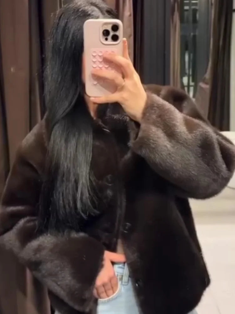 HH Winter Woman Long Sleeves Loose Slim Coat Women Warm Reversible Faux Leather Lapel Single-Breasted Pocket Decoration Jacket